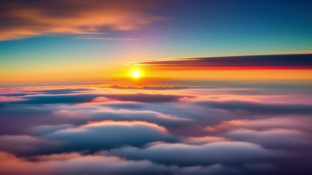 Witness the stunning spectacle of sunset hues painting the sky above a sea of clouds in this aerial timelapse. Time-lapse. 4K.
