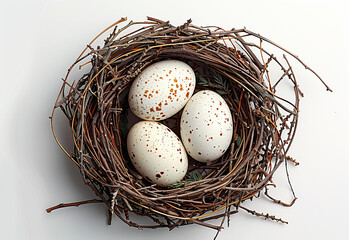 Naklejka na ściany i meble Birds nest with eggs. Nest of branches and straw isolated on white background.