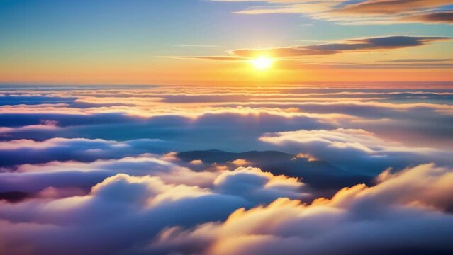 Spectacular aerial vista: a vibrant symphony of colors unfolds as the sun sets, painting the sky in a breathtaking display above the serene expanse of clouds.

