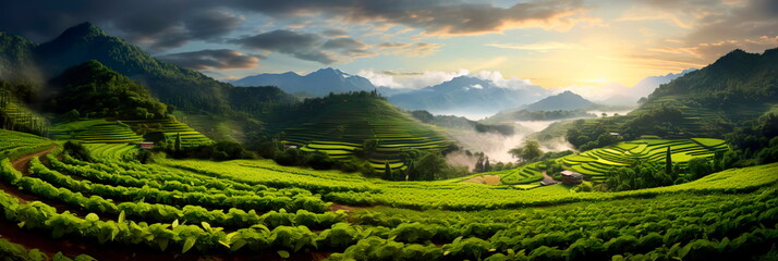 scene of terraced hillside agriculture, with crops cultivated in steps on a picturesque landscape. Generative AI