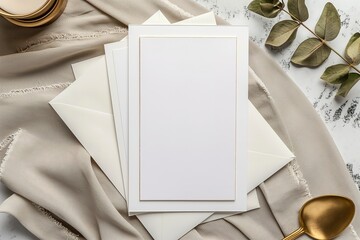 A modern table with blank white cards and gold spoons arranged neatly.