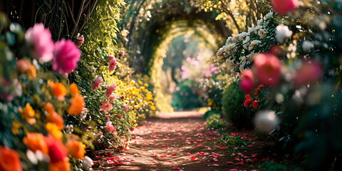 A floral arch covered in flowers creates a magical entrance to the garden. Generative AI - obrazy, fototapety, plakaty