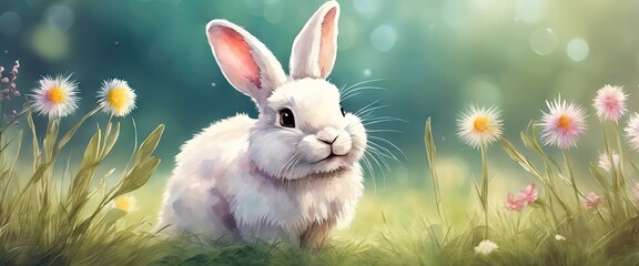 Fototapeta na wymiar A white rabbit is sitting in a field of flowers