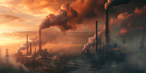 featuring a gritty industrial landscape with towering smokestacks and a network of pipelines against a moody sky.Generative AI