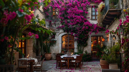 A traditional Mediterranean villa, with bougainvillea-covered walls as the background, during a romantic sunset dinner