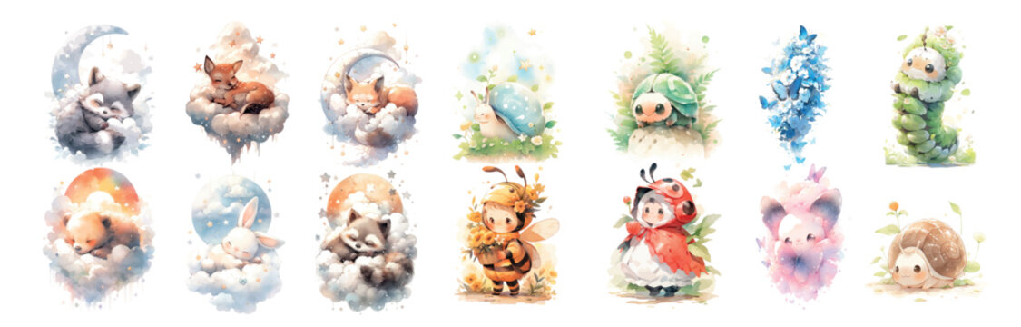 Whimsical Watercolor Collection of Cute Animals in Different Seasons and Elements, Perfect for Nursery Decor and Children’s Book