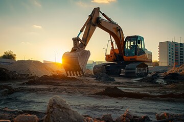 A bulldozer actively digging through a construction site under the warm hues of a setting sun.