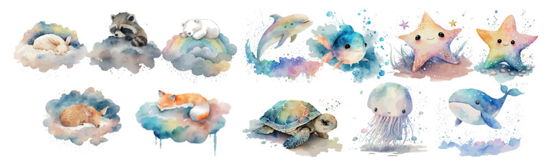 Watercolor Collection of Cute Animals and Sea Creatures, Hand-Painted Illustration for Children’s Books, Decor, and Educational - obrazy, fototapety, plakaty