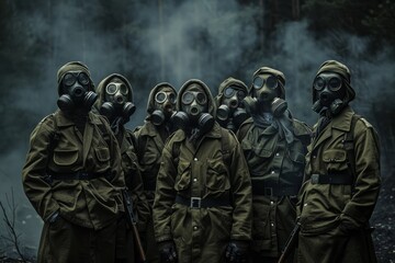 Intense depiction of uniformed soldiers with gas masks in a foggy, forested wartime environment