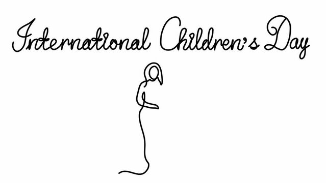Self drawing animation with one continuous line draw,International Children's Day. Abstract mother with child in baby stroller