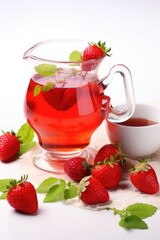 Fruit tea with strawberries on a wooden table