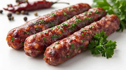 Raw sausage with parsley leaf isolated on white background.
