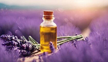 A bottle of lavender oil is on a table next to purple flowers
