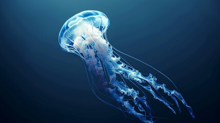A hypnotic shot of a jellyfish floating gracefully, its translucent form standing out against a solid midnight blue background. - obrazy, fototapety, plakaty