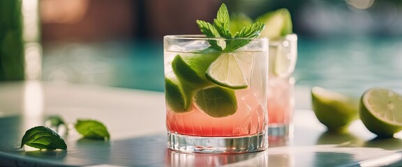 A glass of pink drink with lime slices on top - Powered by Adobe