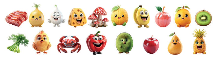 Delightful Collection of Animated Fruits, Vegetables, and Meats with Smiling Faces - Perfect for Nutrition Education - obrazy, fototapety, plakaty