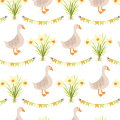 Spring seamless pattern. Pattern with a goose, flags and a bouquet of daffodils on a white background in a flat style. Spring background for your design.