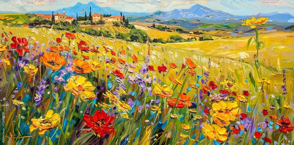 Wall mural This painting depicts a lively, colorful field of flowers with a scenic view of mountains and houses in the background