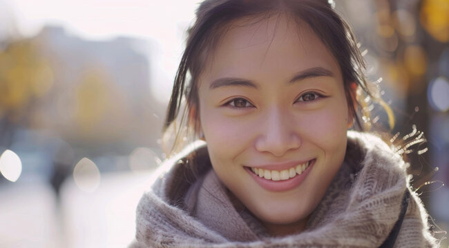 Young, woman and portrait of a female laughing in a park for peace, contentment and vitality. Happy, smiling and confident asian girl radiating positivity outdoors for peace, happiness or exploration