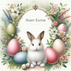 Easter illustration for greeting card with cute bunny, flowers and eggs. Happy Easter and holiday seasonal concept.