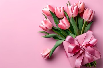 Pink tulips bundled with a satin bow over a pastel pink background, portraying a thoughtful gift