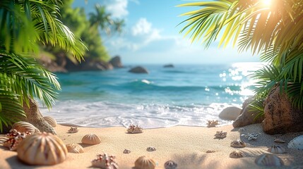 Fototapeta na wymiar Summer Serenity at a Sandy Beach With Tropical Palms. Generative AI
