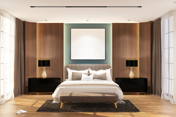 Modern contemporary  bed room with frame mock up on the wall. Design 3d rendering of blue and light woods. Design print for illustration, presentation, mock up, interior, zoom, background. Set 1