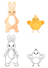Obraz na płótnie Canvas Coloring page with an Easter bunny and a cute chicken standing upright. Children's coloring book with color example. Coloring book, practice sheet for children in school or kindergarten.