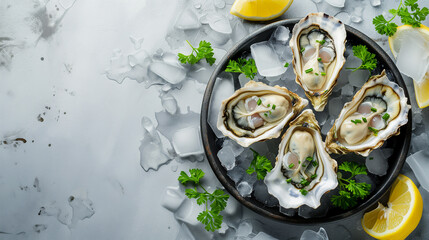 Oysters on a white background. Oysters with lemon on a white background. ousters close-up. black and white photo - obrazy, fototapety, plakaty