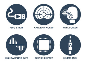Microphone properties icons set, in circle shape - obrazy, fototapety, plakaty