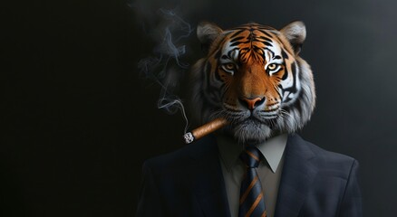 Man With Tiger Head Puffing on a Cigar in a Suit. Generative AI