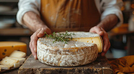 In a cheese factory, a cheese artisan is grasping a piece of cheese - obrazy, fototapety, plakaty