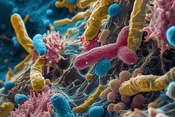 Bacteria closeup view under microscope Generative Ai 