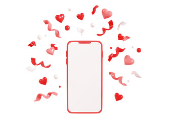 Mobile phone with confetti with hearts mockup. 3D cartoon render illustratio