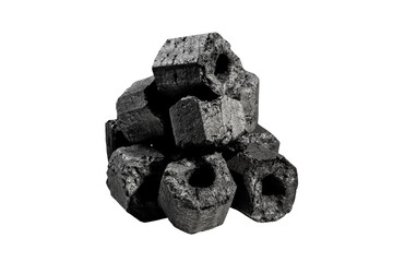 charcoal briquettes stacked on white background