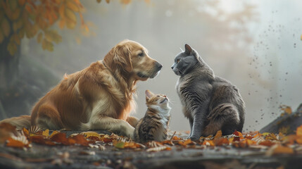 A joyful golden retriever and a wise old gray cat sharing a peaceful moment together on a misty...