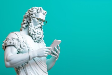 Greek Statue of Poseidon Holding Smartphone. Generative AI