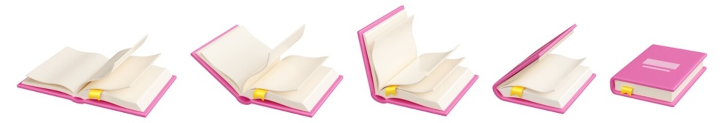 Book open and close animation steps. 3D render illustration set