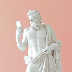 Greek Statue of Poseidon Holding Smartphone. Generative AI