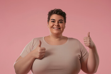 Charming bright happy mature ginger chubby overweight woman wears t-shirt looking camera smiling, showing thumbs up isolated on plain pink background studio portrait. People emotions lifestyle concept - 750482142