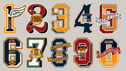 Obrazy na Plexi  Varsity collegiate athletic sporting numbers vintage vector artwork for sport wear print and embroidery collection