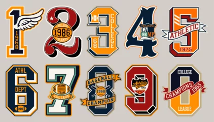 Fototapeten Varsity collegiate athletic sporting numbers vintage vector artwork for sport wear print and embroidery collection © PrintingSociety