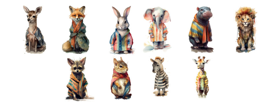 Safari Animal set Deer, wolf, rabbit, fox, squirrel   in 3d style. Isolated vector illustration