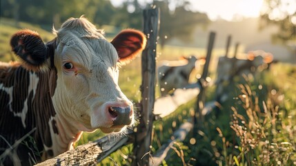 A serene cow looks curiously at the camera standing by a fence in a tranquil countryside setting - obrazy, fototapety, plakaty