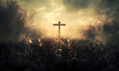 Christianity concept with worshipers raising hands up in front of religious cross