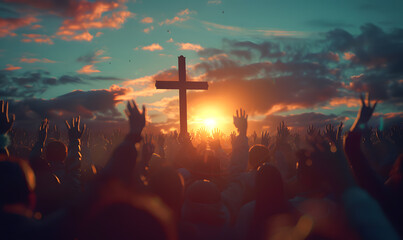 Christianity concept with worshipers raising hands up in front of religious cross - obrazy, fototapety, plakaty