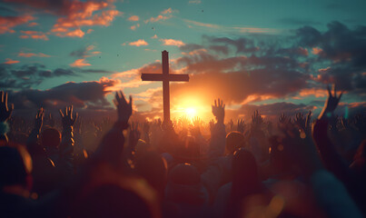 Christianity concept with worshipers raising hands up in front of religious cross