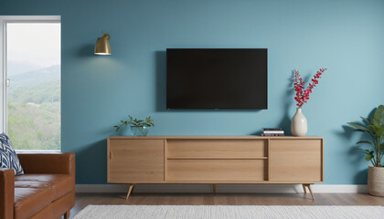 TV cabinet in a contemporary living room with a background of a blank blue wall. 