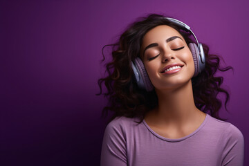 Young Brunette Girl Enjoying Music Against Purple Wall. Generative AI