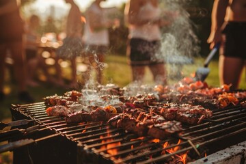 A sunny, casual barbecue scene with skewers of meat cooking on the grill, friends gathered, embodying leisure and friendship